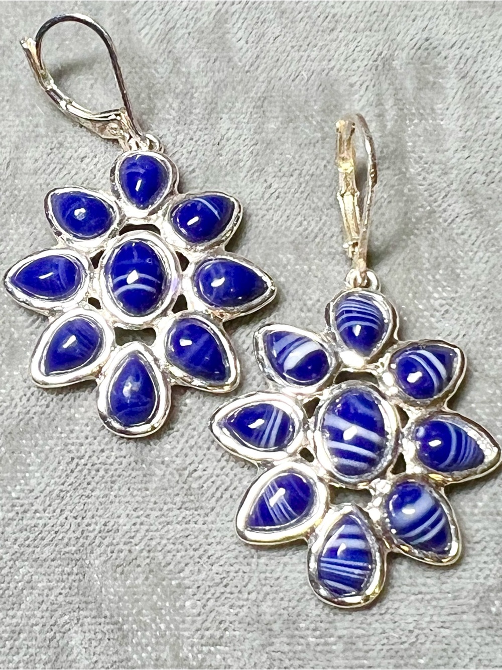 Silver Floral Designed Drop Earrings with Large Dark Blue Striped Cabochons